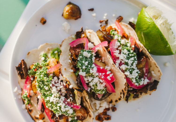 Roasted veggie tacos with brussels sprouts, chimichurri, and lots of fun toppings | bygabriella.co @gabivalladares