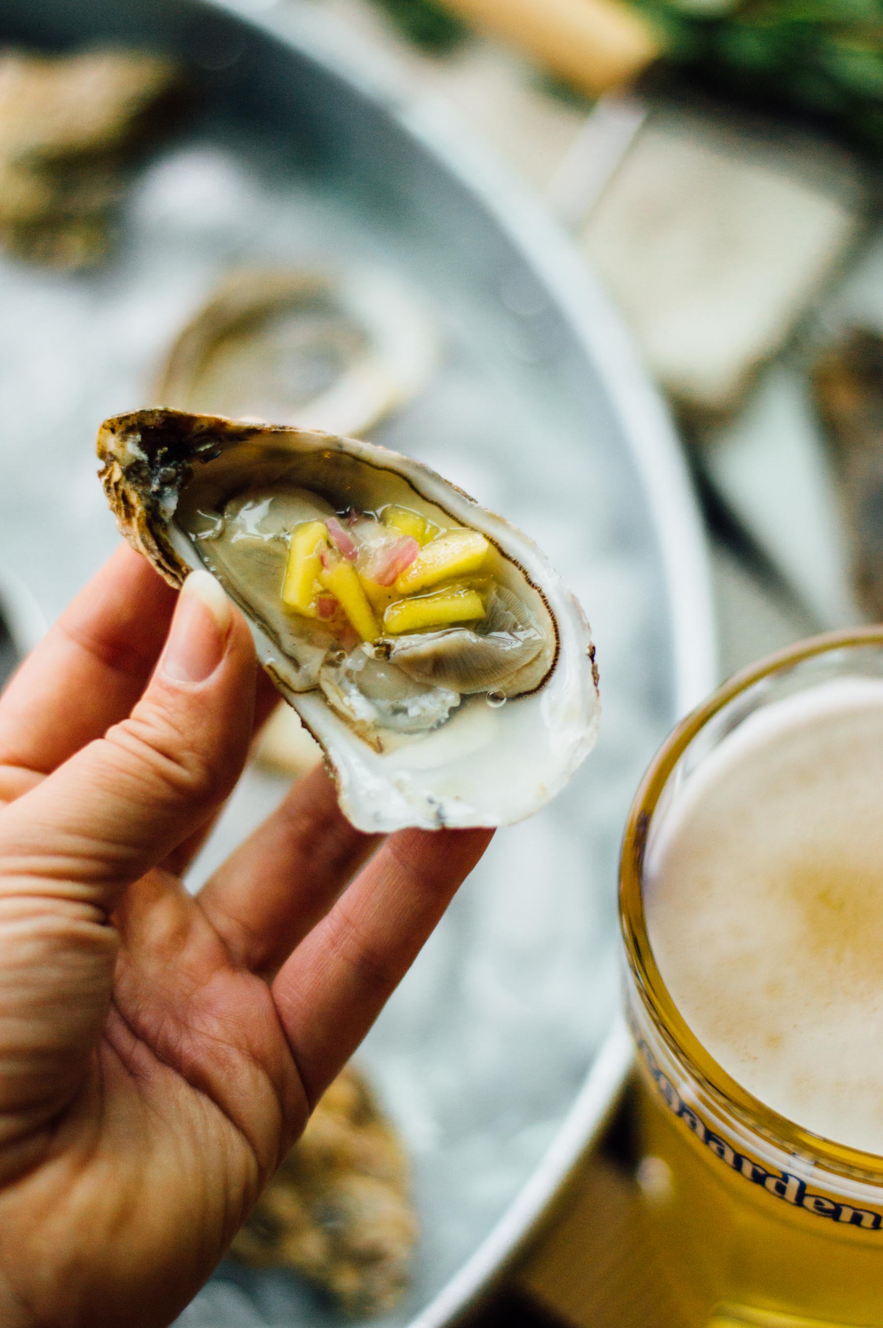 How to host an indoor oyster fest with Hoegaarden beer and 3 homemade mignonettes, like this mango mignonette | bygabriella.co