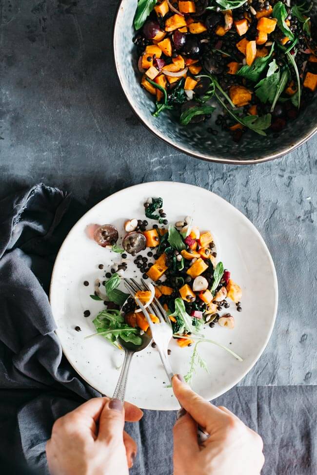 5 Fall salads to enjoy before winter arrives including this Fall Salad with Beluga Lentils, Grapes and Roasted Pumpkin salad recipe by The Awesome Green | bygabriella.co