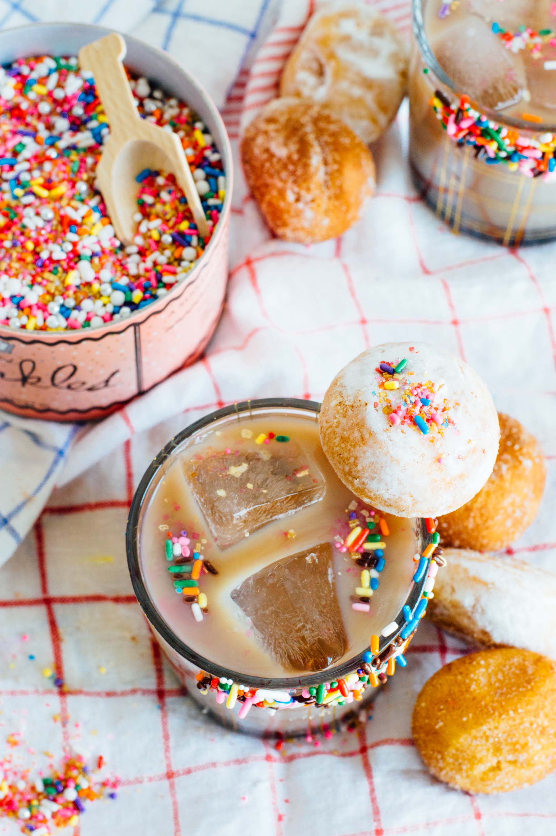 Coffee Milk Punch with coffee tequila and mini doughnuts on the side | bygabriella.co