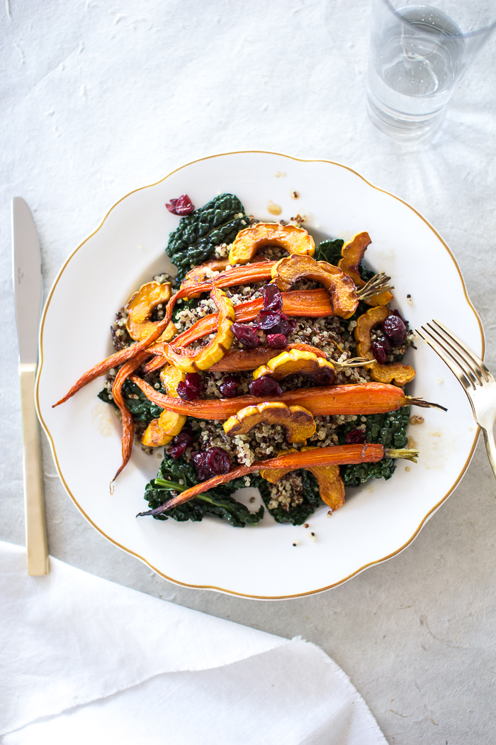 5 fall salads to enjoy before winter arrives, including this Kale & Quinoa Salad with Delicate Squash and a Maple Orange Dressing (fall salad recipe) by Flourishing Foodie | bygabriella.co