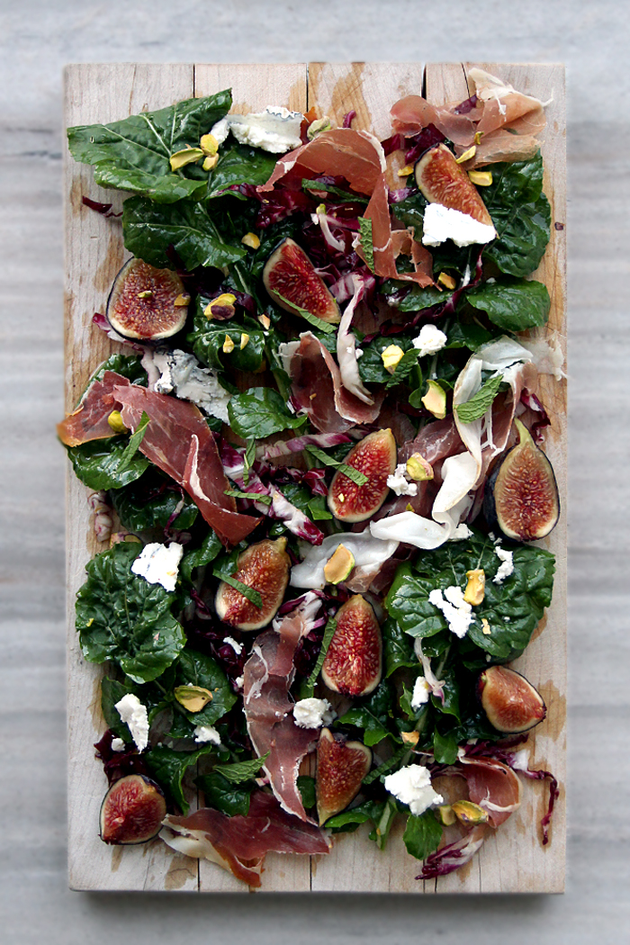 5 Fall salads to enjoy before winter arrives, featuring this Arugula Radicchio Salad with Figs, Humboldt Fog, Prosciutto and Pistachios salad recipe by The Delicious Life | bygabriella.co