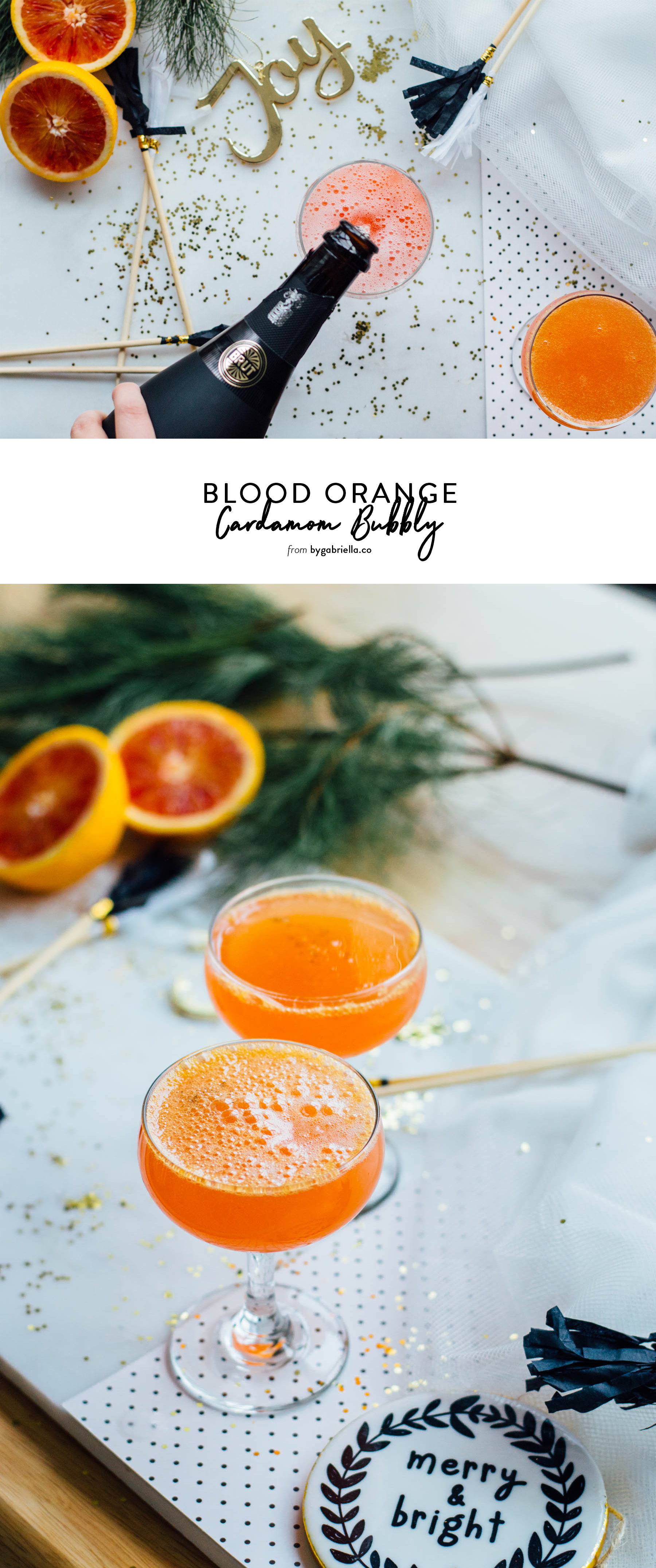 Blood Orange Cardamom Bubbly recipe featuring blood oranges, a vanilla-cardamom syrup, and cava. | bygabriella.co