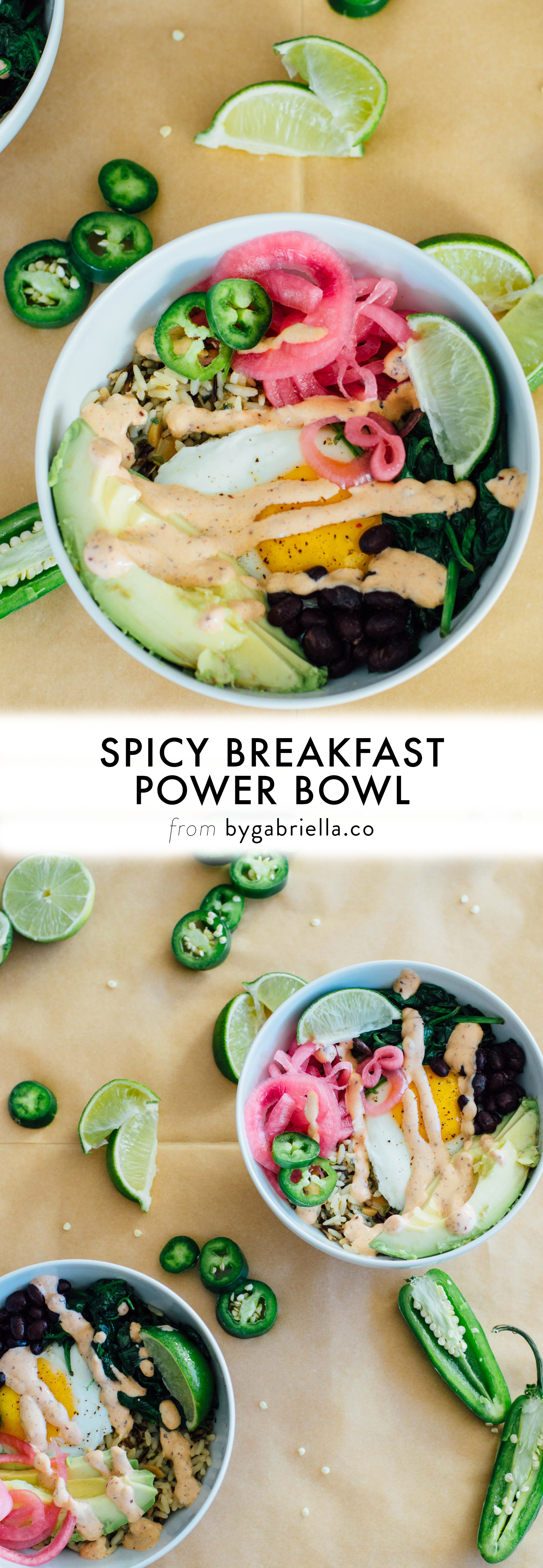 Easy breakfast recipe! A Spicy Breakfast Power Bowl with pickled red onions, avocado, and more. | Get the full recipe on bygabriella.co #riceonthego #ad