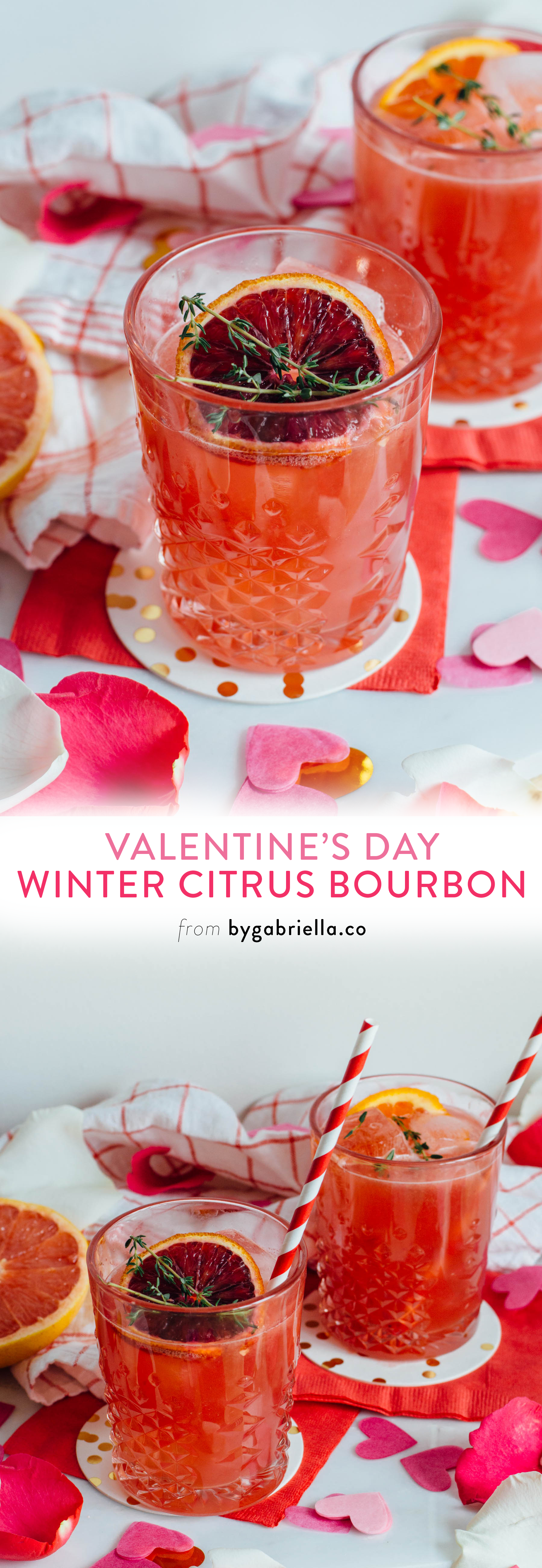 Valentine's Day Cocktail Recipe: The Winter Citrus Bourbon - a tasty blend of citrus juice, honey, bourbon, and more. | bygabriella.co
