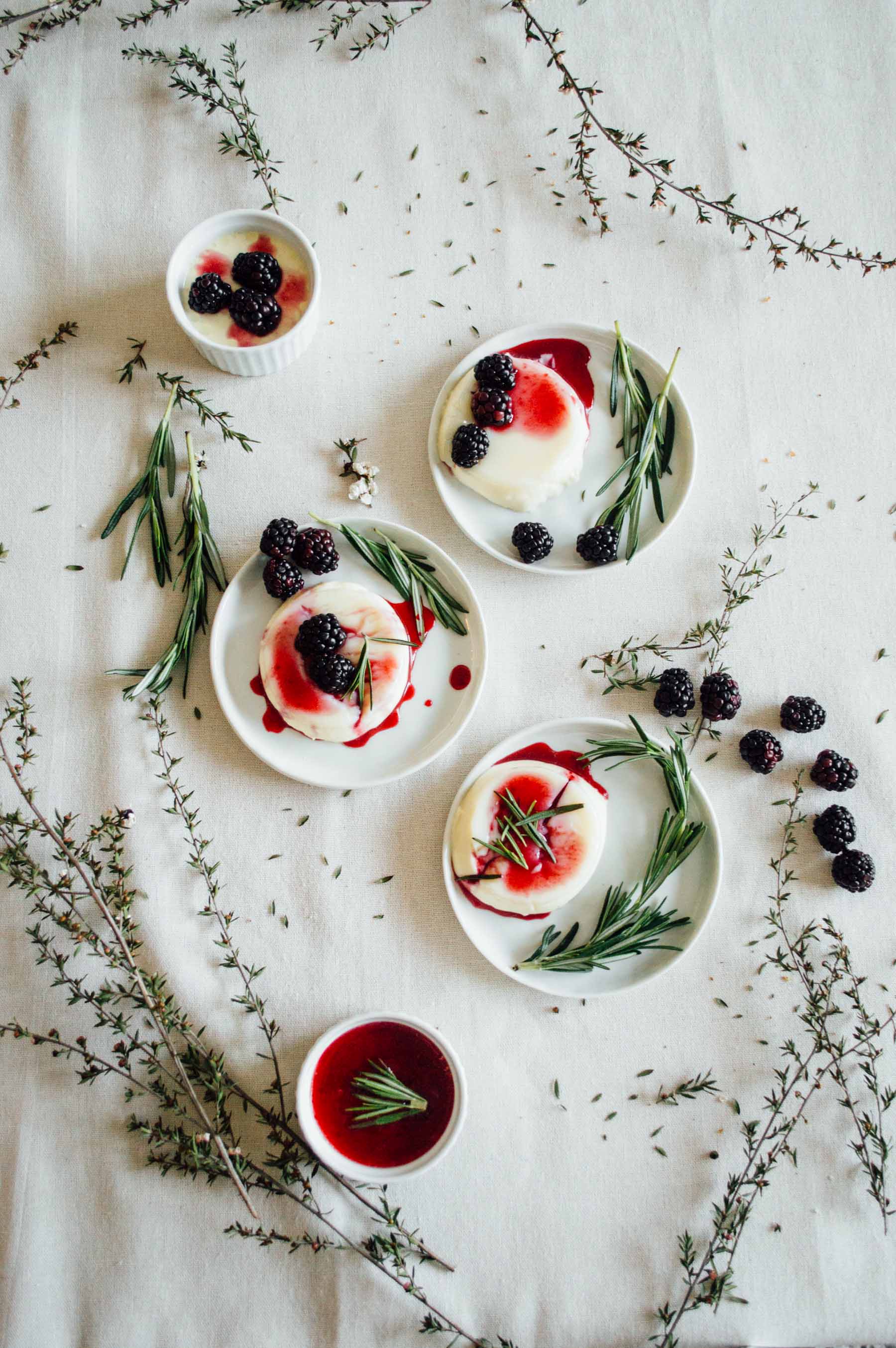 Lavender Panna Cotta recipe with Blackberry, Rosemary, & Gin Syrup. Super easy to make and perfect for Spring! | By Gabriella