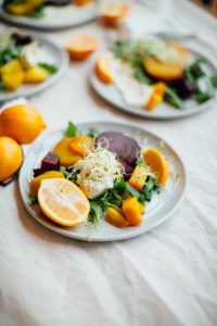 Super easy Meyer Lemon Spring Salad recipe with Dorot frozen garlic, arugula, sprouts, and golden beets | bygabriella.co #sponsored