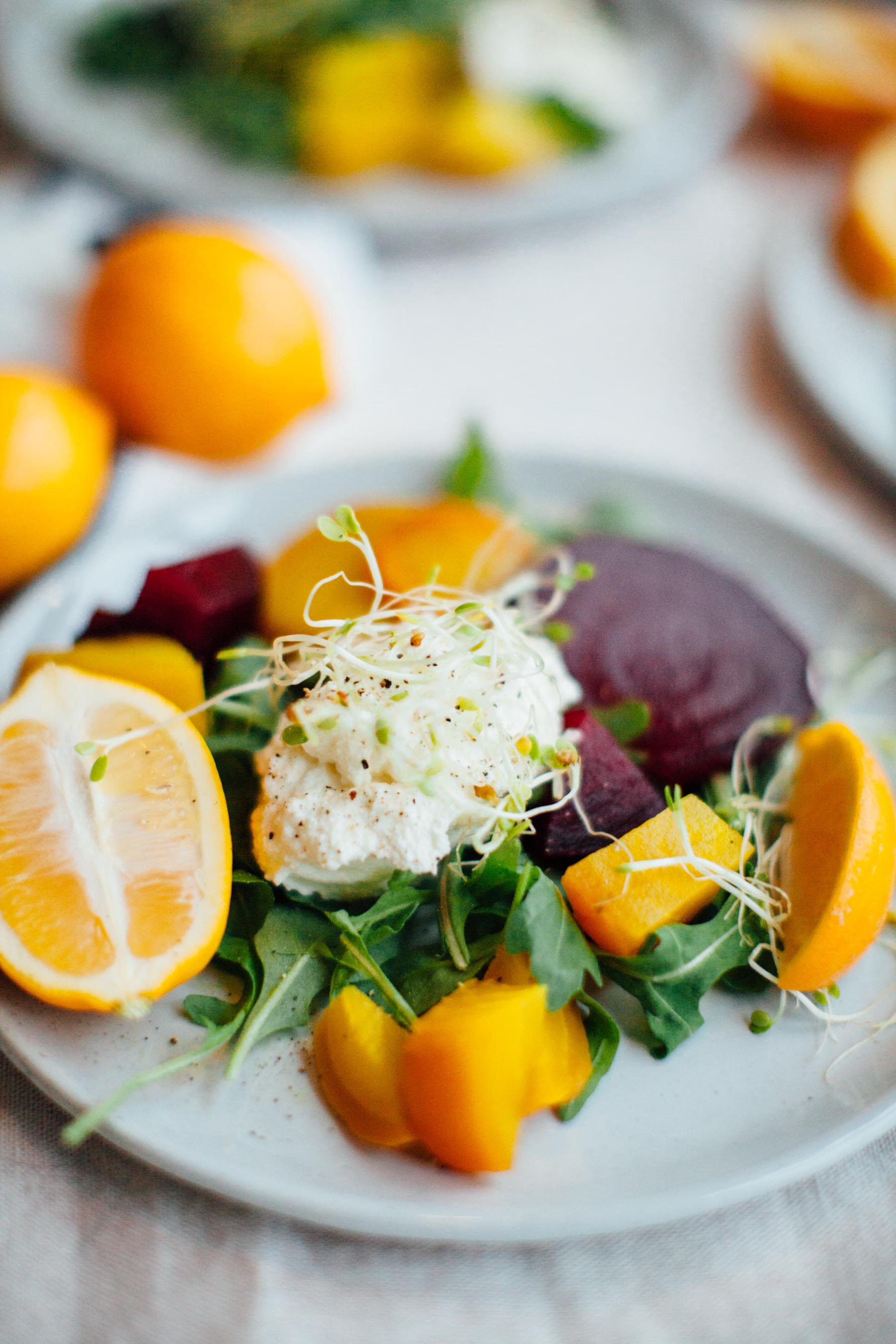 Super easy Meyer Lemon Spring Salad recipe with Dorot frozen garlic, arugula, sprouts, and golden beets | bygabriella.co #sponsored