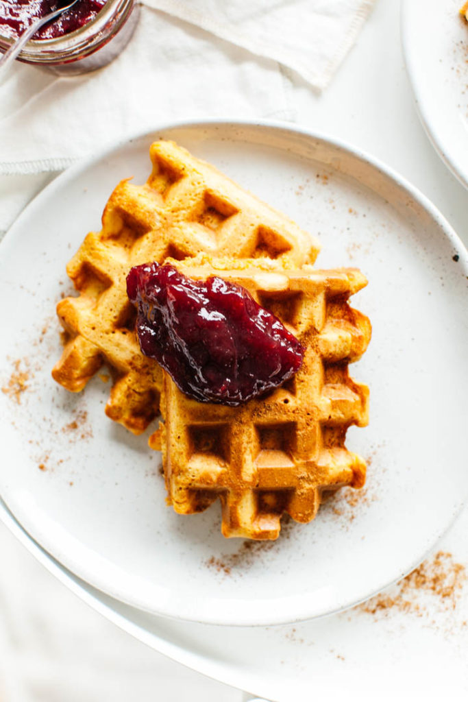 Roasted Butternut Squash Waffles with Balsamic Cranberry Sauce