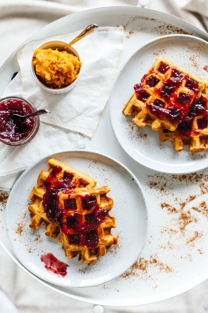 Roasted Butternut Squash Waffles with Balsamic Cranberry Sauce