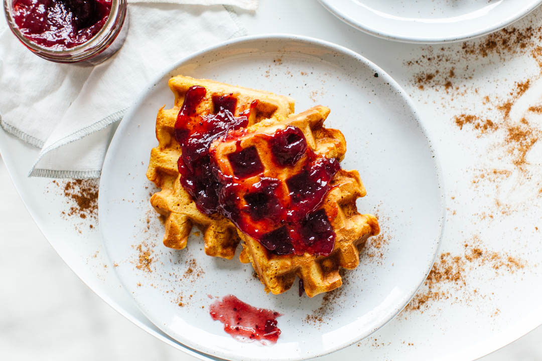 Roasted Butternut Squash Waffles with Balsamic Cranberry Sauce | bygabriella.co