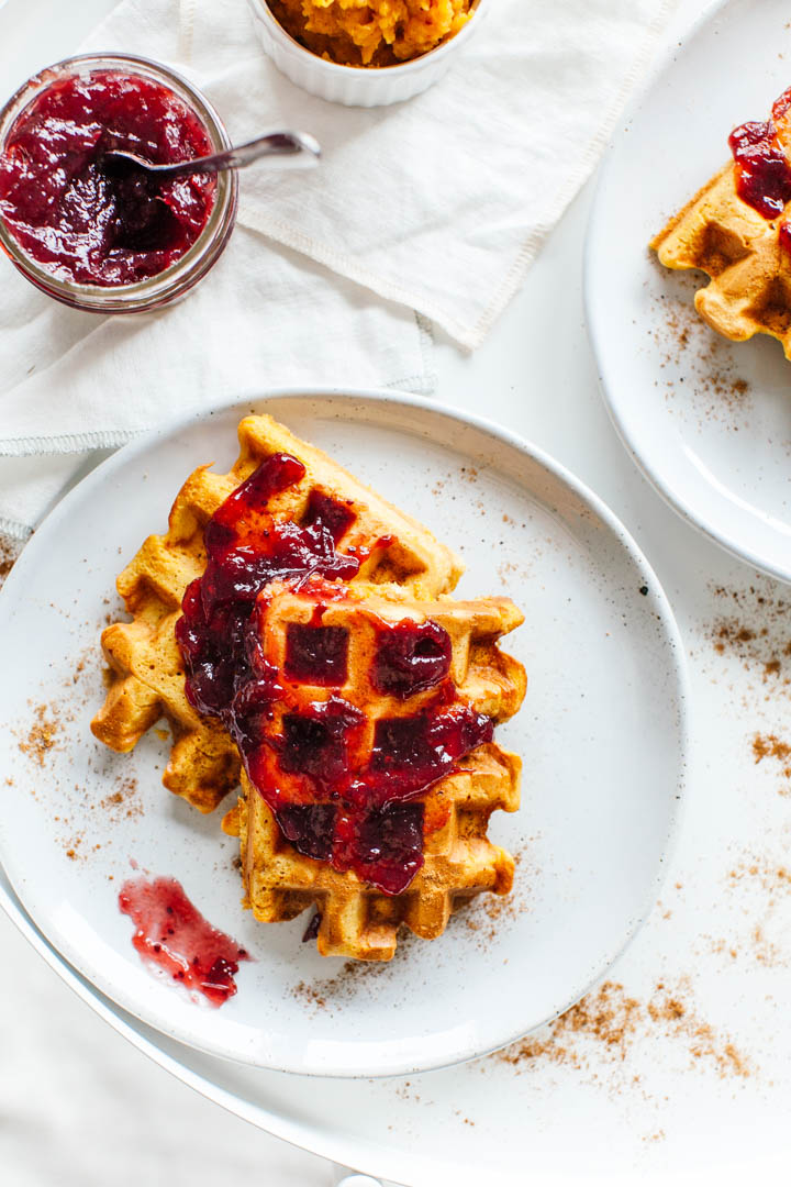 An easy slow fall breakfast recipe idea - Roasted Butternut Squash Waffles with Balsamic Cranberry Sauce | bygabriella.co