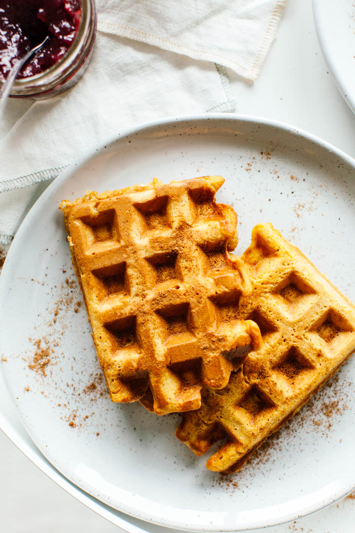 An easy slow fall breakfast recipe idea - Roasted Butternut Squash Waffles with Balsamic Cranberry Sauce | bygabriella.co