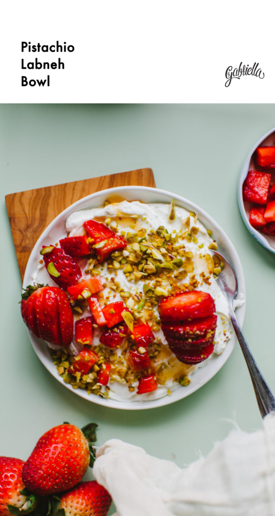 Pistachio Labneh Bowl breakfast/snack recipe with strawberries and dried rose | bygabriella.co @gabivalladares