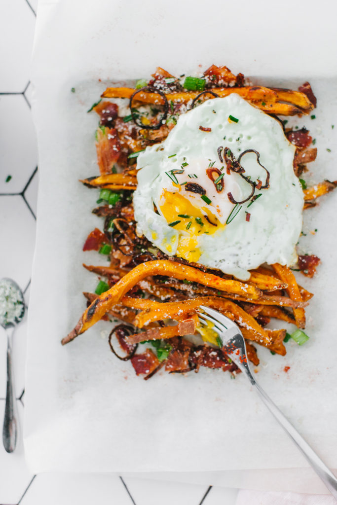 Baked Sweet Potato Fries - loaded for brunching! | bygabriella.co @gabivalladares